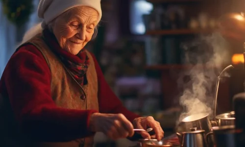 Une dame âgée préparant du vin chaud pour Noël