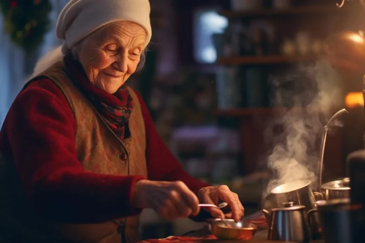 Une dame âgée préparant du vin chaud pour Noël