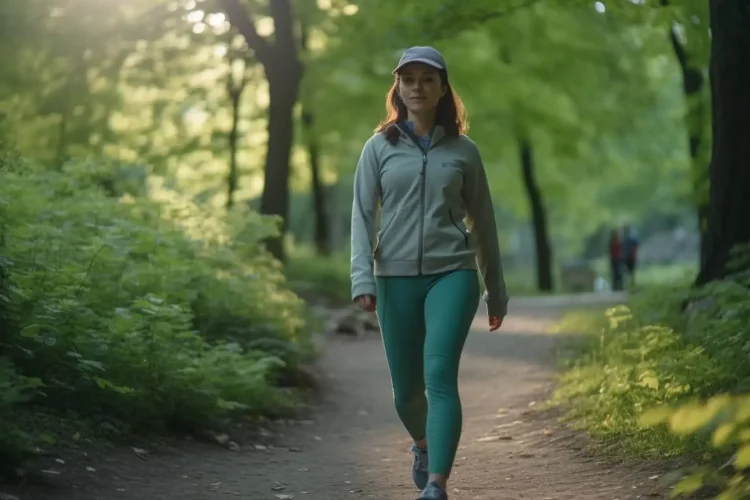 Femme marchant sportivement dans un parc