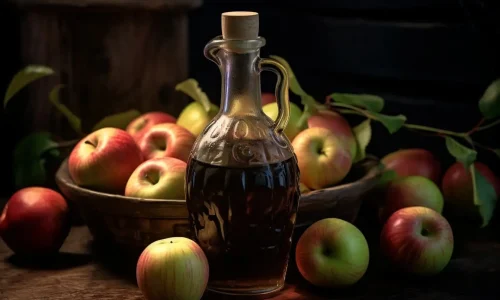 Une bouteille de vinaigre de cidre avec des pommes en fond