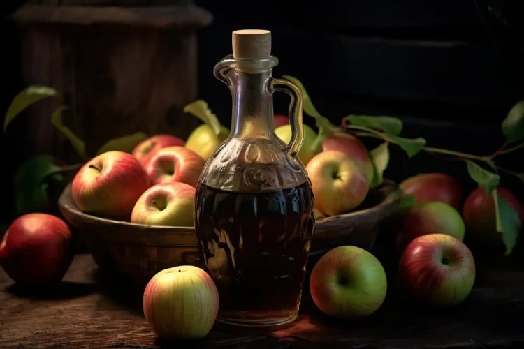 Une bouteille de vinaigre de cidre avec des pommes en fond